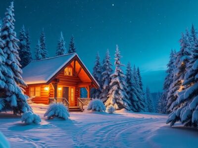 Cozy cabin in snow with starry night sky.