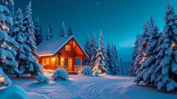 Cozy cabin in snow with starry night sky.