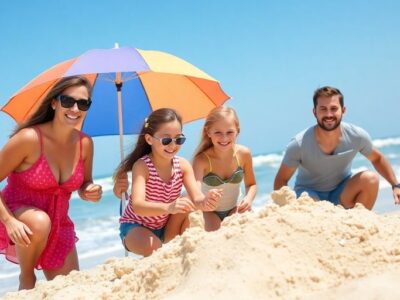 Family enjoying a beach vacation with kids building sandcastles.