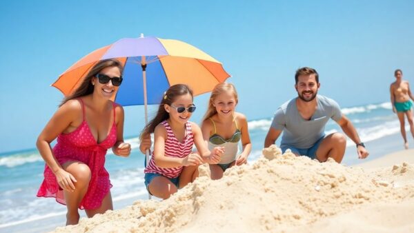 Family enjoying a beach vacation with kids building sandcastles.