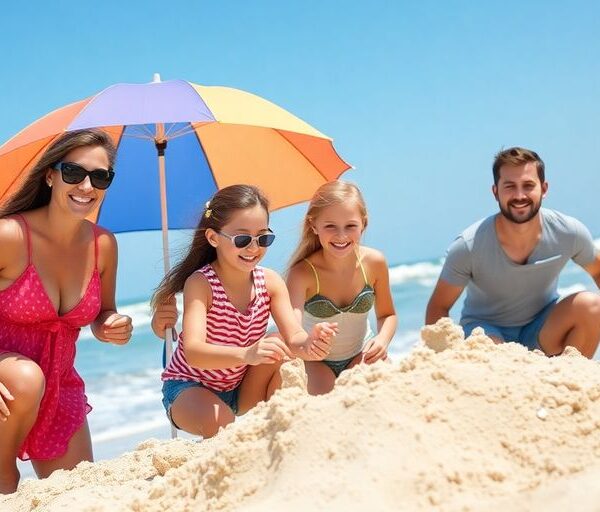 Family enjoying a beach vacation with kids building sandcastles.