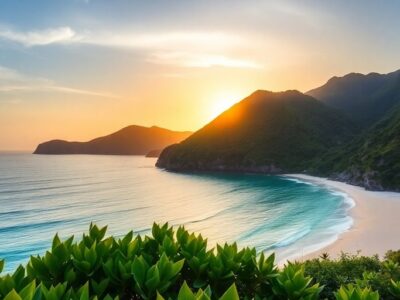 Beautiful beach and mountains at sunset for weekend getaways.