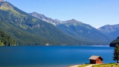 Scenic lake view with mountains and a cozy cabin.