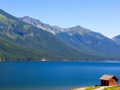 Scenic lake view with mountains and a cozy cabin.