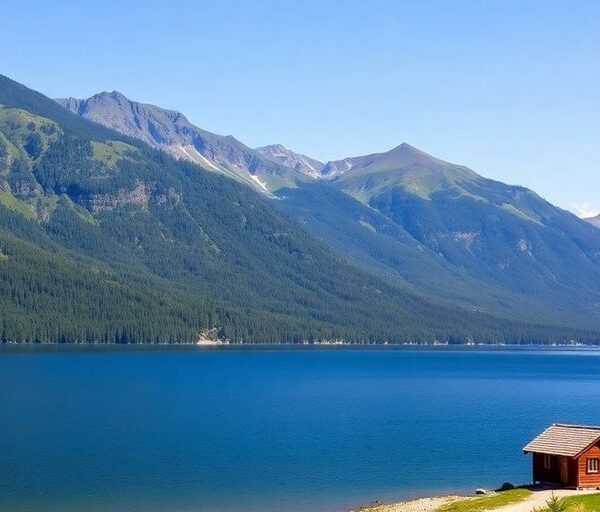 Scenic lake view with mountains and a cozy cabin.