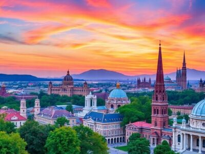 Scenic sunset over famous global landmarks and landscapes.