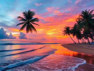 Scenic beach with palm trees and a colorful sunset.