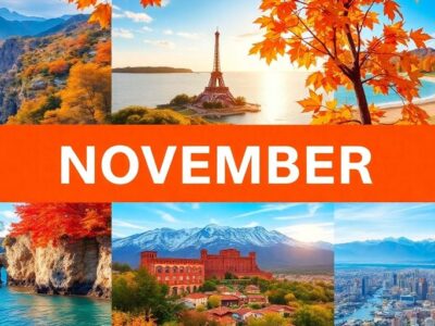 Collage of November vacation destinations with autumn scenery.