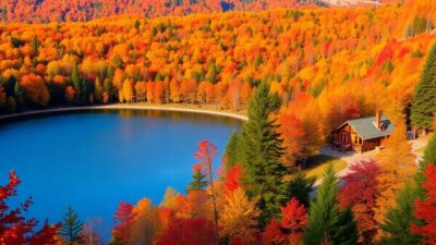 Autumn landscape with colorful leaves and tranquil lake.