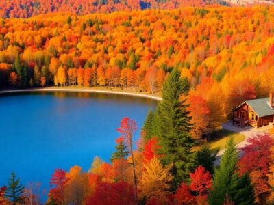 Autumn landscape with colorful leaves and tranquil lake.