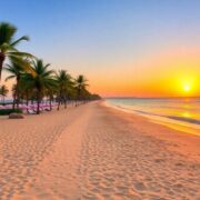 Beautiful beach at sunset, perfect for November getaway.