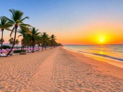 Beautiful beach at sunset, perfect for November getaway.