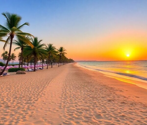 Beautiful beach at sunset, perfect for November getaway.