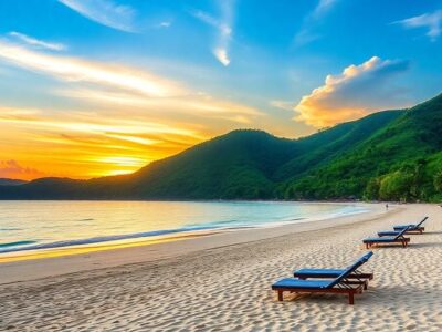 Scenic beach with hills and colorful sunset.